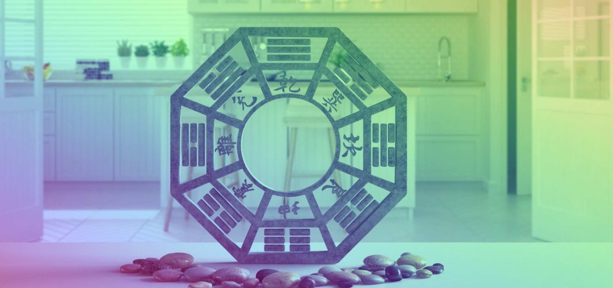 Bagua mirror in a white kitchen under a lavender-to-mint iridescent overlay