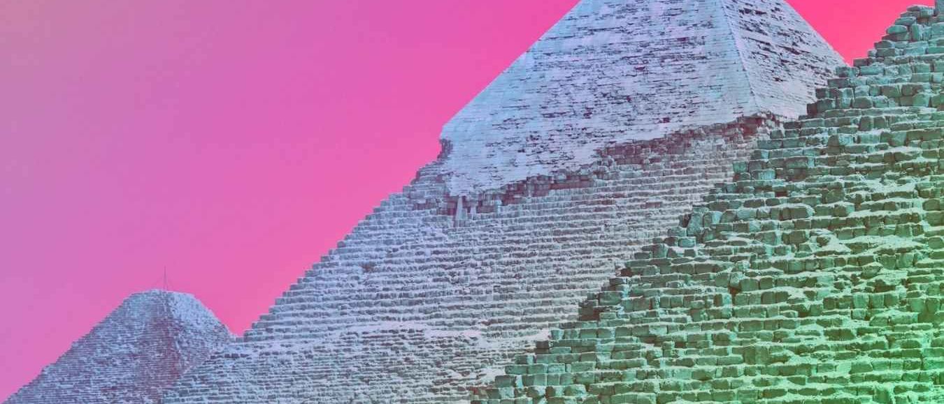 The Great Pyramid photographed from below in a pink-to-mint duotone