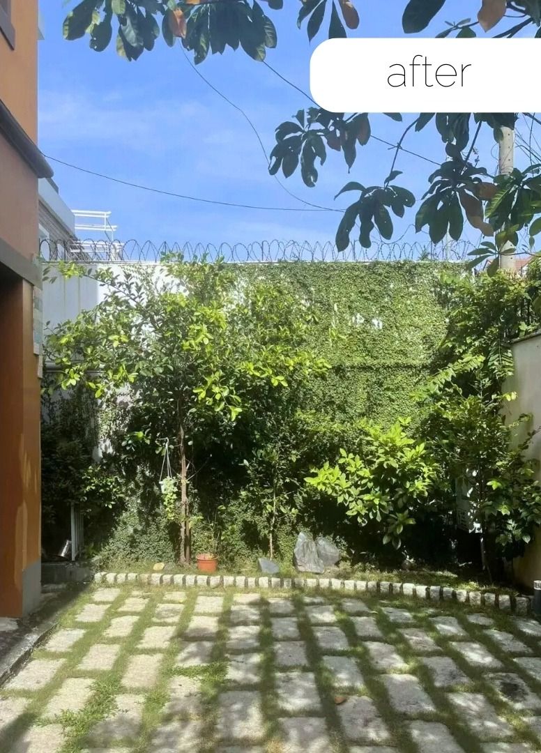 After: lush green courtyard with grass between the pavers