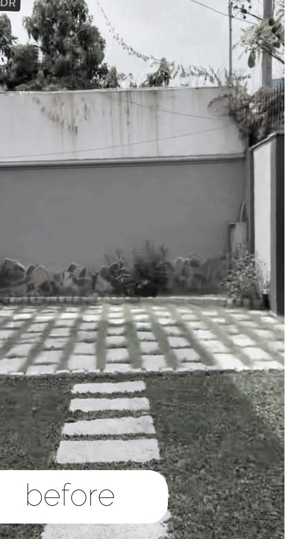 Before: sparse paved courtyard, in black and white
