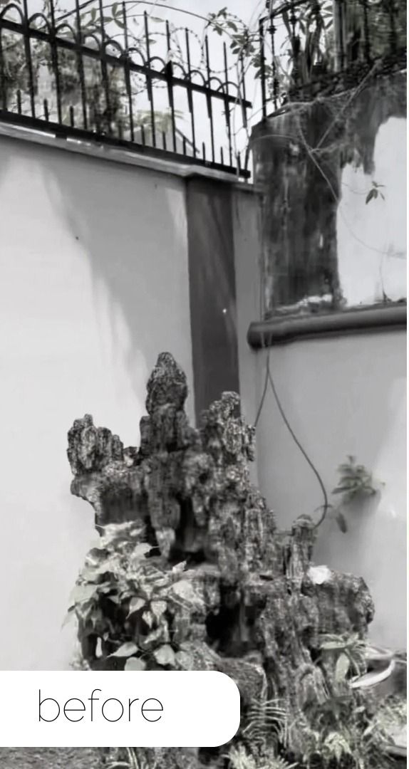 Before: dry rockery corner, in black and white